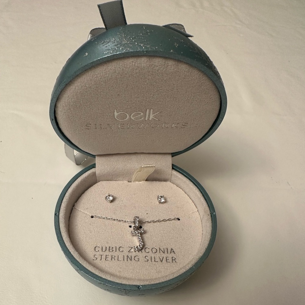 Sterling Silver Cubic Zirconia “J” Necklace and Earrings in Ornament Box